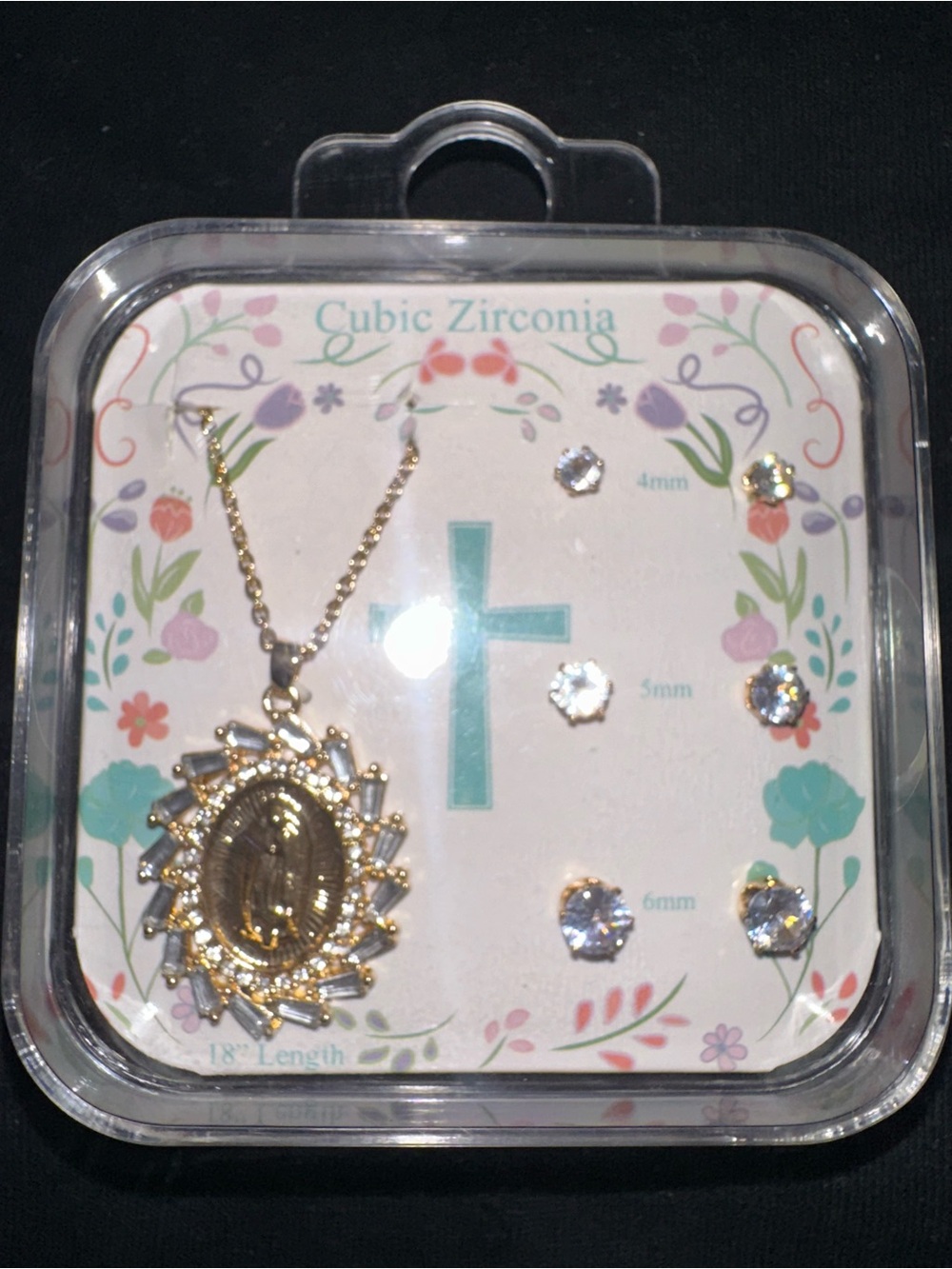 Virgin Mary Oval Pendant Necklace & CZ Stud Set — Gold Tone, 18" Chain
